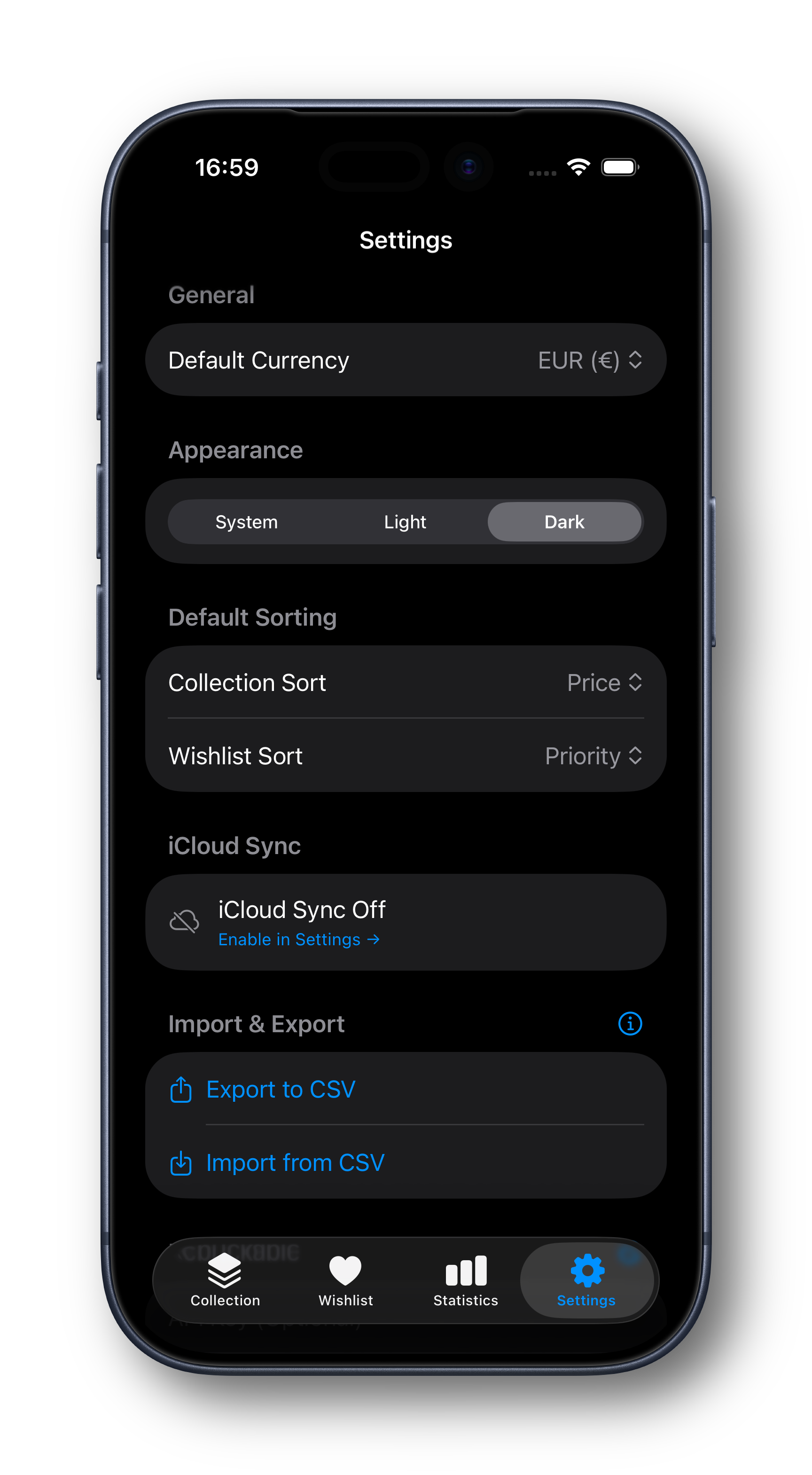 Settings View Dark Mode